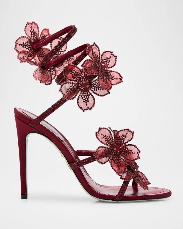 Floraine Crystal Flower Satin Snake Wrap Sandals
